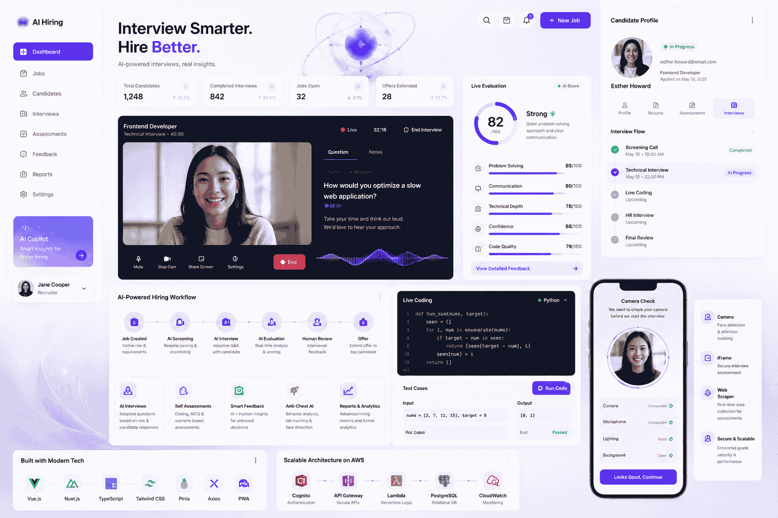 AI Hiring & Interviewing System interface with automated interview processes and candidate evaluation